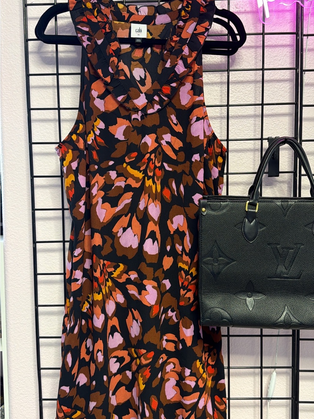 CAbi Sleeveless Midi Dress in Black with Pink & Brown Floral Print